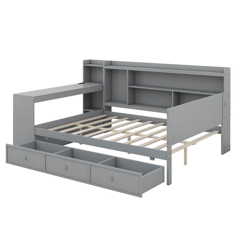 Full Size Daybed With Storage Drawers, Wood Daybed With Desk, Bookcase & USB Ports For Kids Teens Adults, Gray