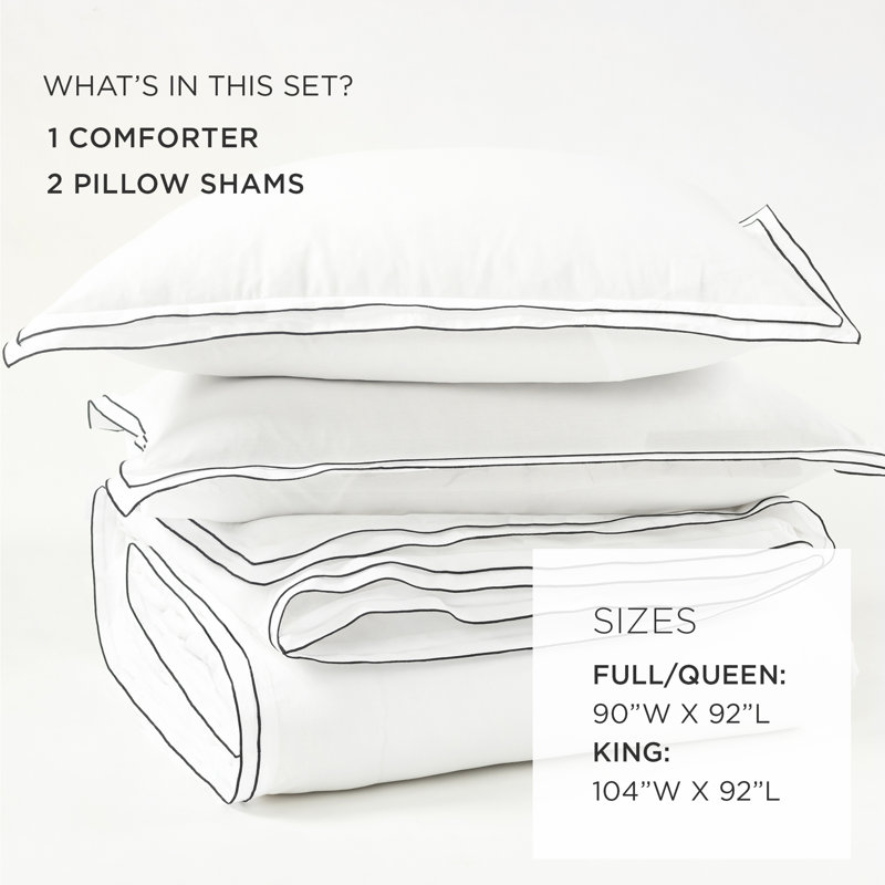 Hampton Double Flange Embroidered Contrast Edge Comforter 3 Pieces Set, White, King Comforter + 2 King Shams