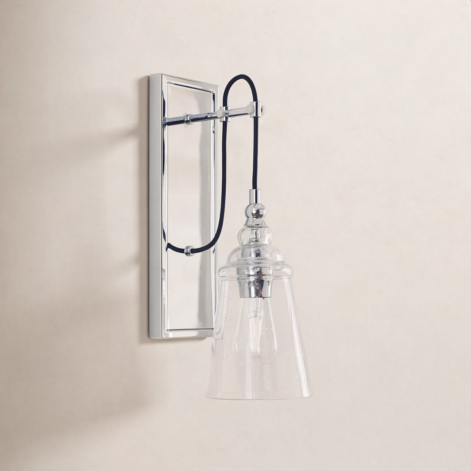 Levine Single Light Glass Dimmable Armed Sconce, Chrome