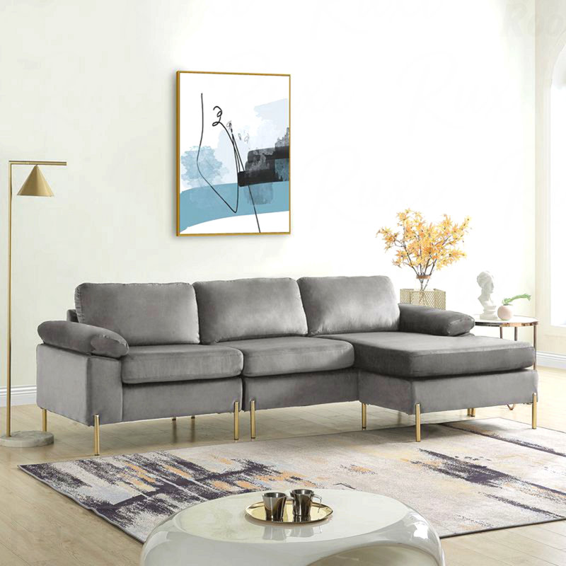 Canapé modulaire en velours avec méridienne Shannon, Gris