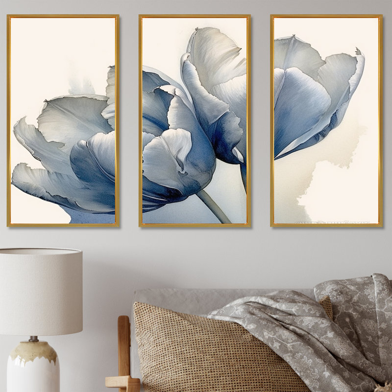 Sapphire - Tulipes, ensemble d'art sur toile, Cadre flottant doré, H 28 po x l 36 po x P 1 po