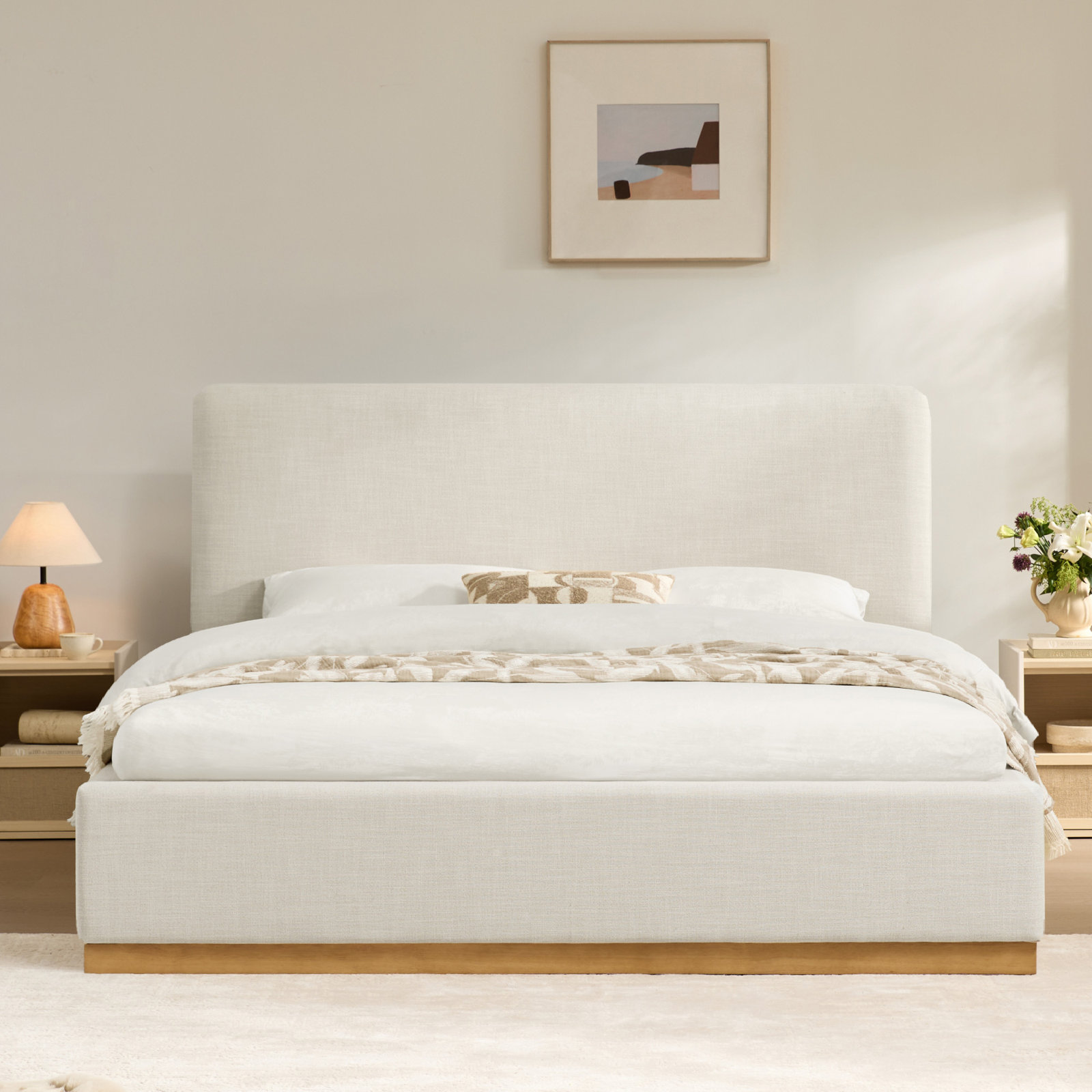 Delpha Upholstered Oak Bed, King, Effie Linen Performance Linen