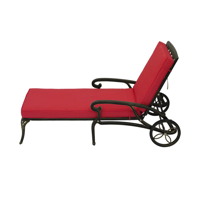 Outdoor Cast Aluminum Chaise Lounge Chair with Cushion, Red