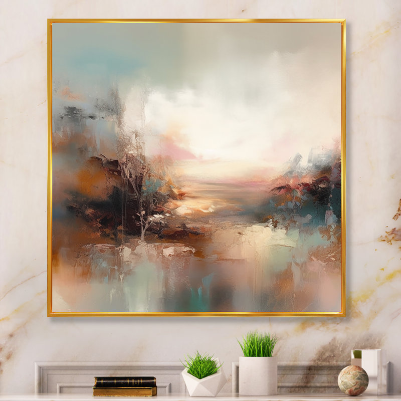 «Brown Abstracted Nature I», art mural abstrait, H 16 po x l 16 po x P 1 po, Toile avec cadre flottant or