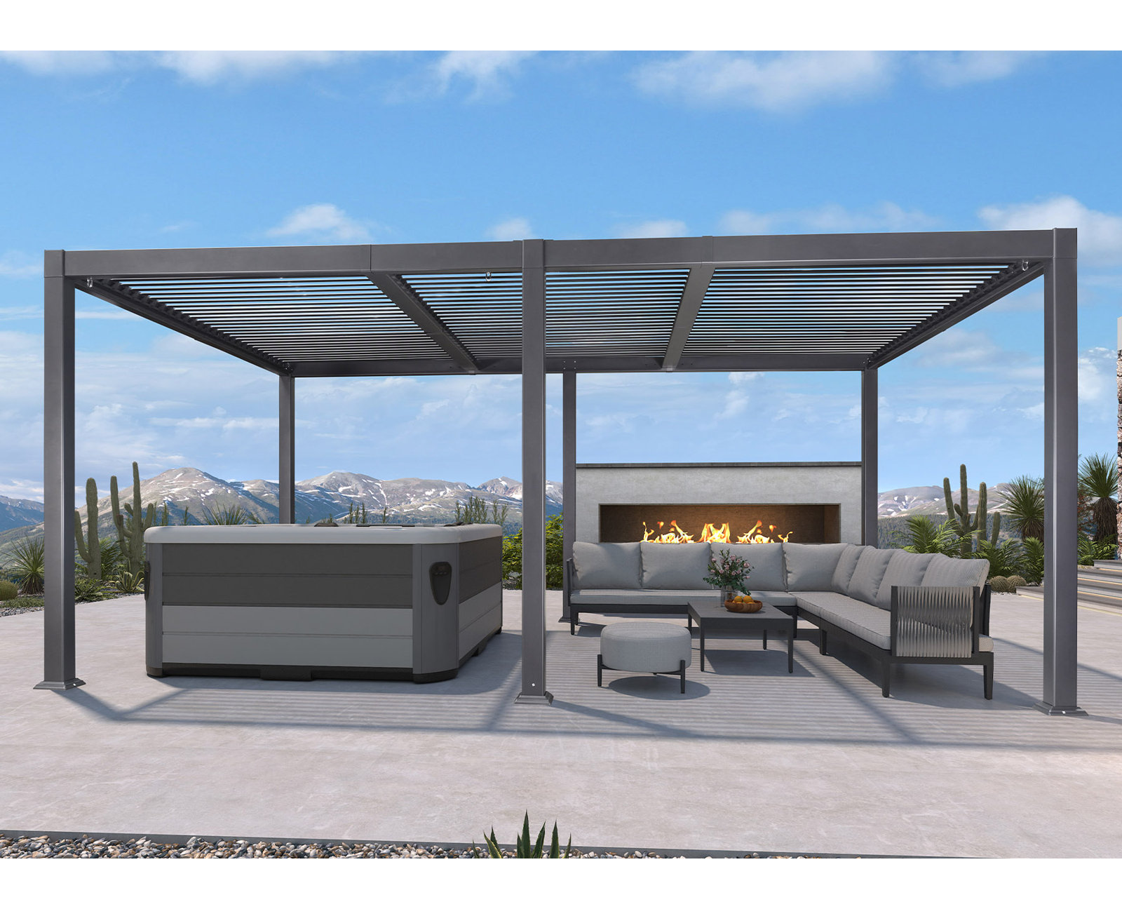 Aluminum Louvered Pergola, 92.58"H x 209.84"W x 137.2"D