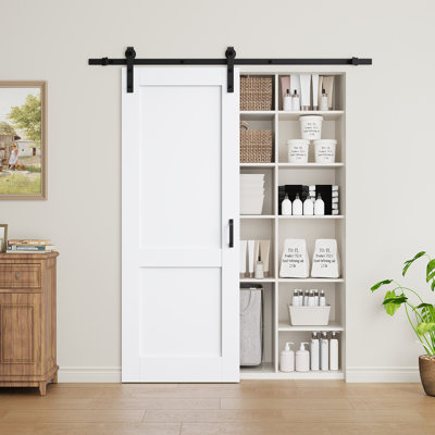 Panneau de porte entièrement assemblé, porte de grange coulissante, apprêt blanc, portes de placard en bois massif avec trousse de quincaillerie d'installation