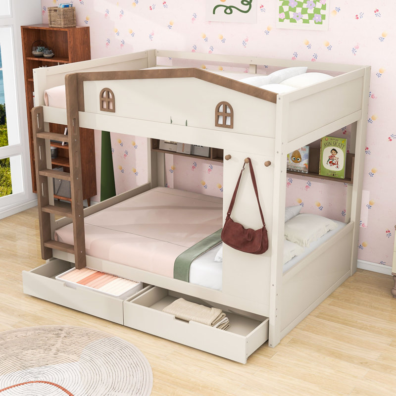 Lit superposé en bois à deux tiroirs avec tablettes et crochets, Naturel beige
