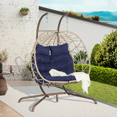 Double Egg Chair with Stand Hanging Indoor Outdoor Wicker Rattan Patio Basket Egg Swing Chair Hammock Egg Chairs with UV Resistant Cushions 600 lbs for Bedroom Balcony Patio