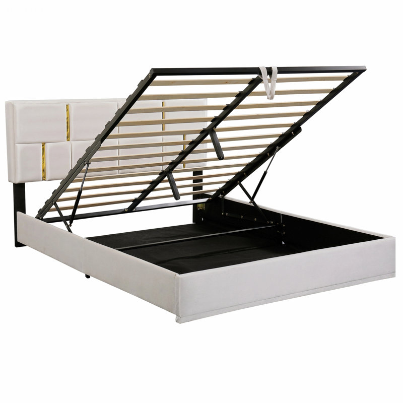Cadre de lit moderne pour chambre à coucher, chambre d'amis, lit plateforme tapissier, lit de chambre à coucher avec système de rangement hydraulique