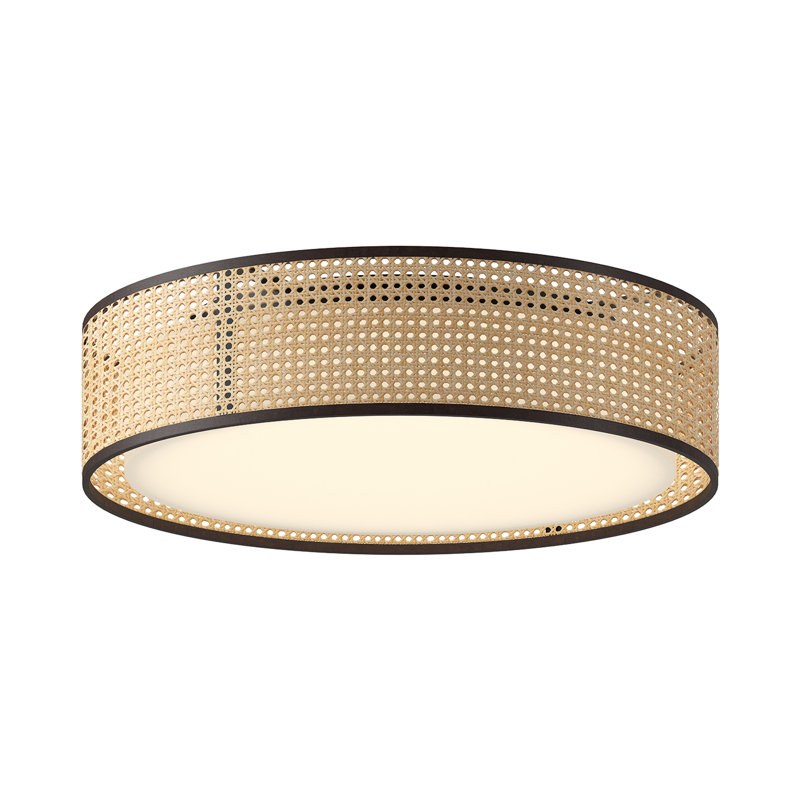 Lyla Natural Cane and Black Metal LED Drum Flush Mount