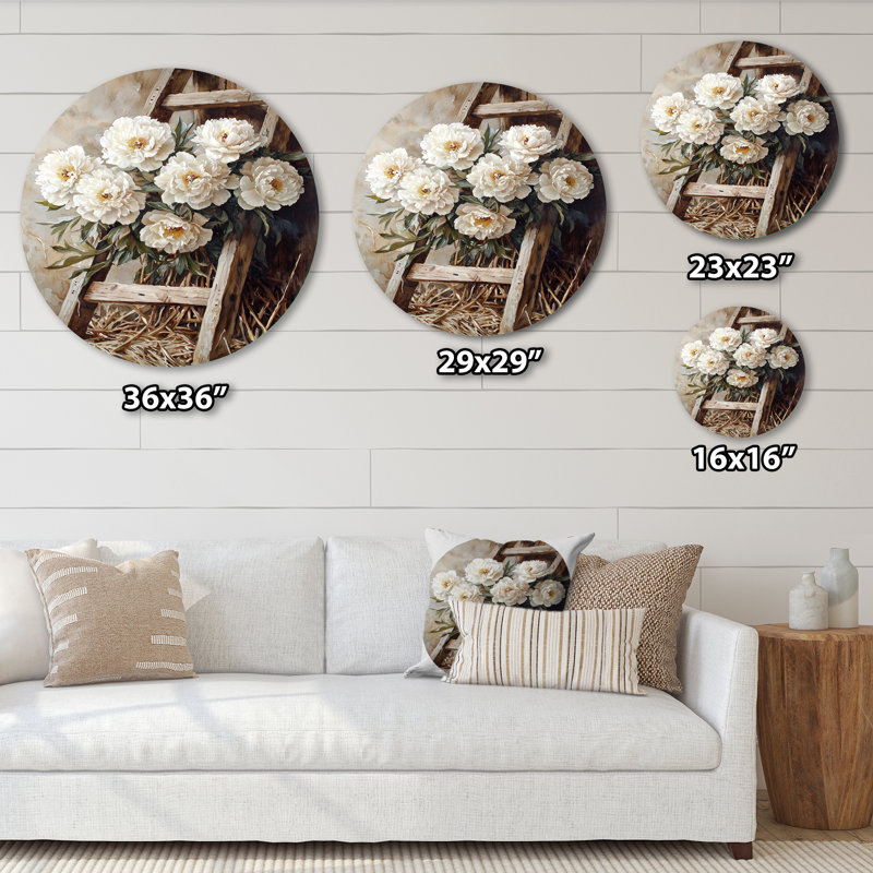 Précie - pivoines, art mural rond en métal, H 29 po x l 29 po