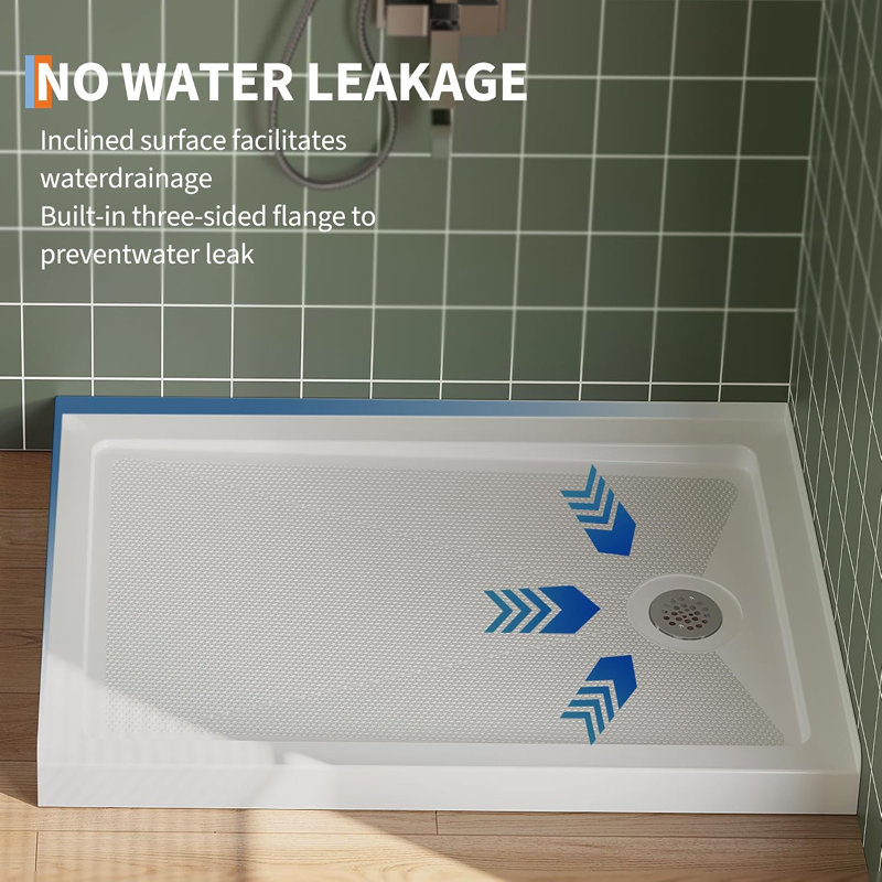 Receveur de douche 122 x 81 cm (48 x 32 po) - Bonde à droite, surface texturée antidérapante, base de douche à seuil unique en ABS avec trousse de bonde, installation facile, blanc