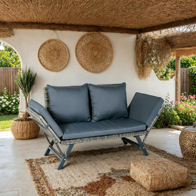 1 PCS Patio Wicker Side Foldable Bench Patio Backyard Conversation Bench Grey Wicker + Dark Grey Cushion