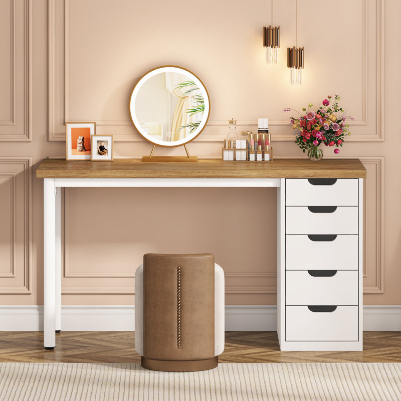 47 inches Vanity Desk with 5 Drawers, Walnut/White