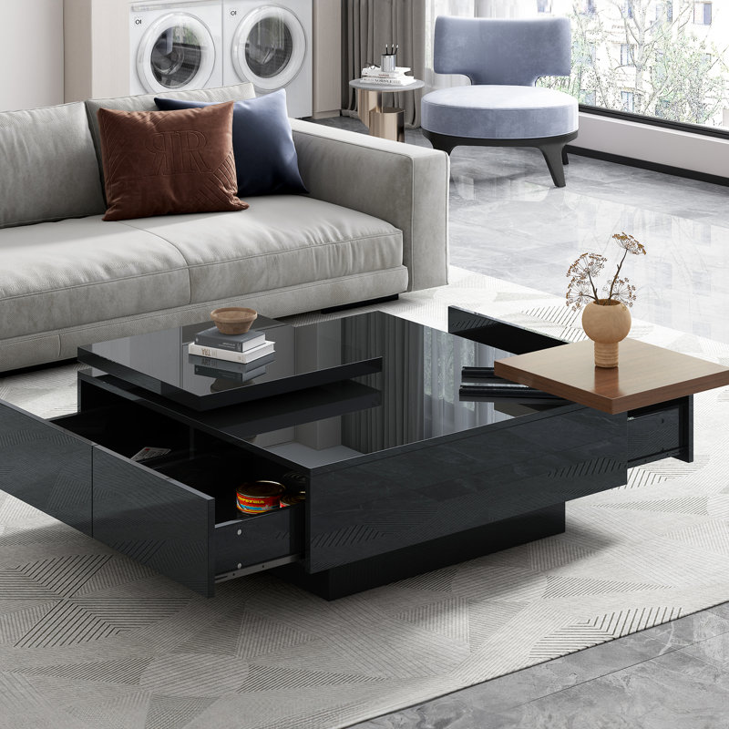 Table basse à plateau mobile, table basse carrée moderne en bois avec finition ultrabrillante, 4 tiroirs de rangement cachés pour le salon