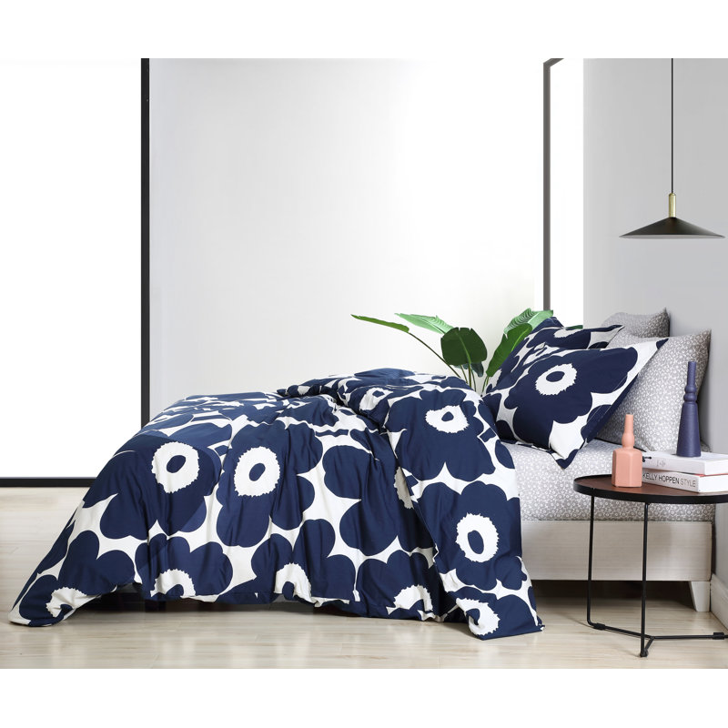 Marimekko Unikko Cotton Comforter Set, King Comforter + 2 King Shams, Indigo Blue/White