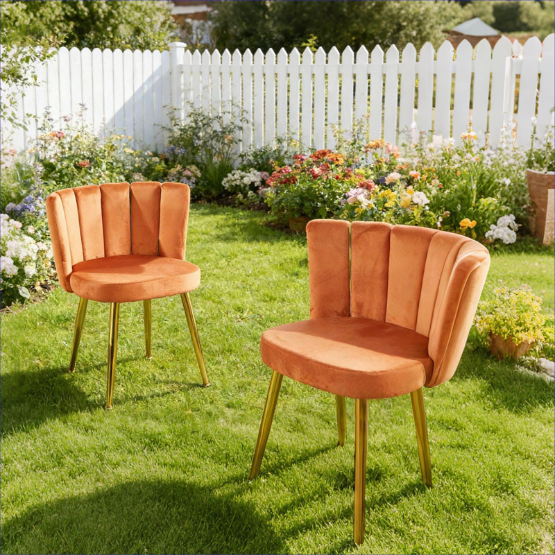 Ensemble de 2 chaises de salle à manger rembourrées en velours orange riche avec pieds en métal doré, Velours orange