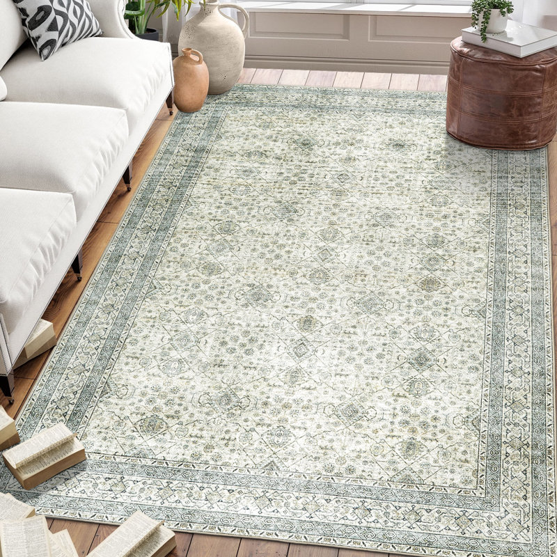 Tapis lavable à la machine Nainika Bev, Vert, Rectangulaire 3 pi x 5 pi