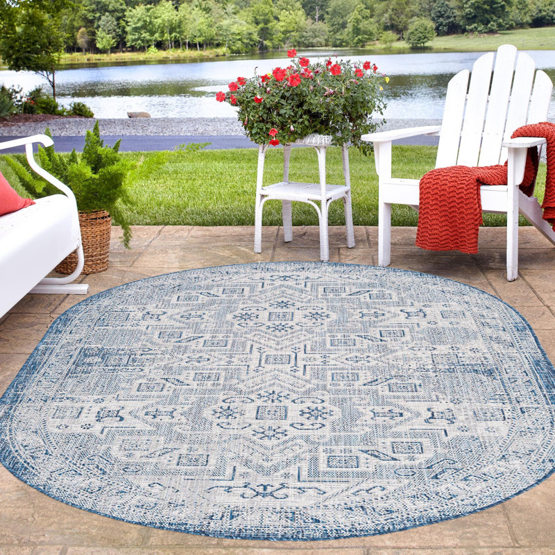 Outdoor Chand Area Rug Ivory-Blue Color, Oval 3'3" x 5'3"