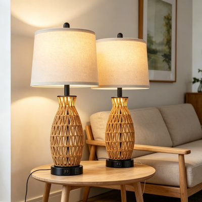 Rattan Table Lamps Set of 2 with Night Light, Boho Wicker Bedside Lamps for Bedroom with USB A+C Charging Ports, Handwoven Coastal Nightstand Lamps for Living Room End Table, Nautical Decor