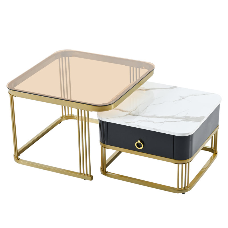 Ensemble de 2 tables basses et tables d'appoint gigognes à grain de marbre ultrabrillant, Black