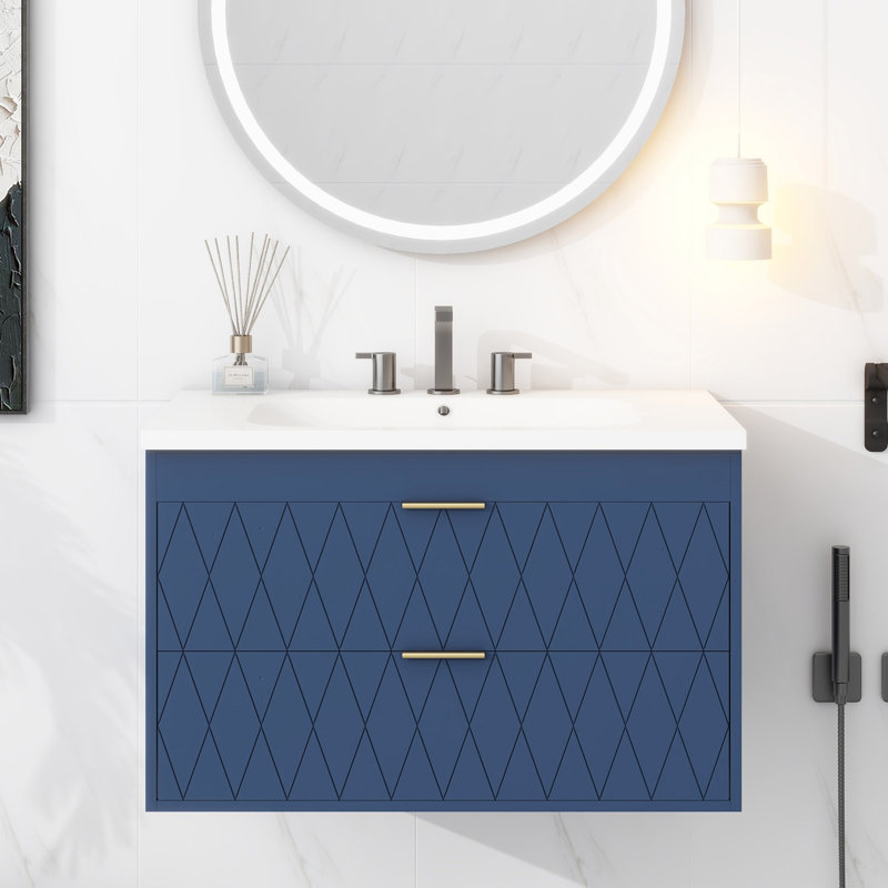 Wall Mounted Bathroom Vanity With Resin Sink, Navy Blue