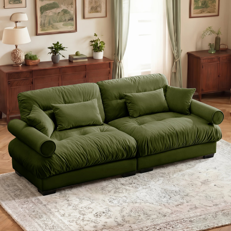 Causeuse en velours 93,7 po de large avec accoudoirs rembourrés et 2 coussins décoratifs en velours 93,7 po, Vert