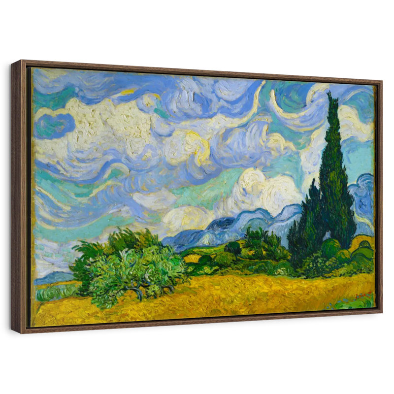 Champ de blé avec cyprès, 37 po x 25 po, Cadre flottant noyer