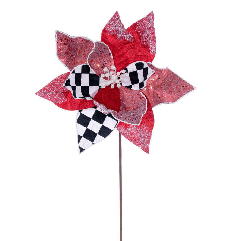 Vickerman 19" x 12" Red/White/Black Poinsettia Stem. It includes four pieces per bag.