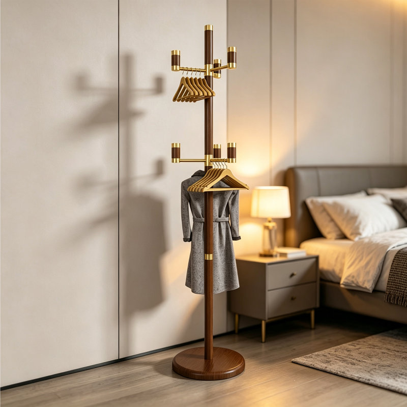 Solid Rubber Wood Floor Coat Rack, Walnut