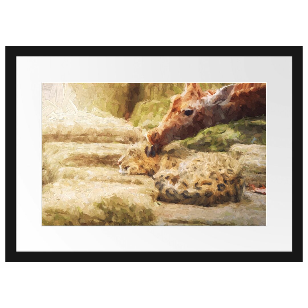 Gerahmtes Papierbild Leopard und Giraffe