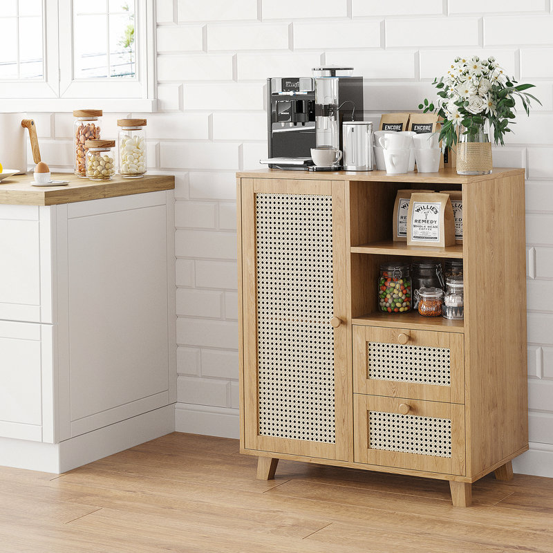 Rattan Buffet Cabinet With Adjustable Shelf, Sideboard With Drawers For Living Room, Kitchen, Entryway, Natural