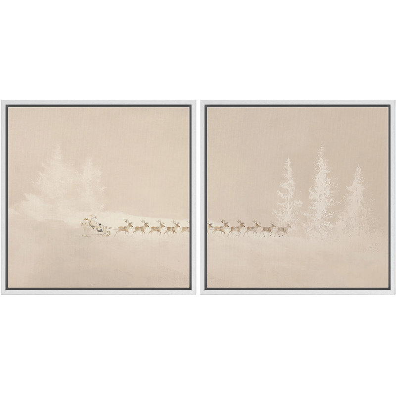 «Minimal Christmas Reindeer Sleigh Winter Forest Scene», reproduction d'art encadrée de la chambre principale, 2 pièces
