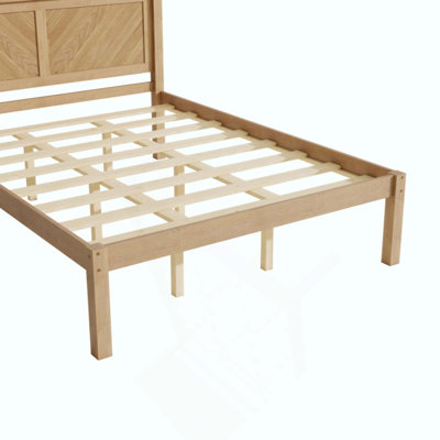 Cadre de lit plateforme en bois massif avec tête de lit en bois à chevrons, lit à panneaux à chevrons de style campagnard, rangement sous le lit, sommier non requis