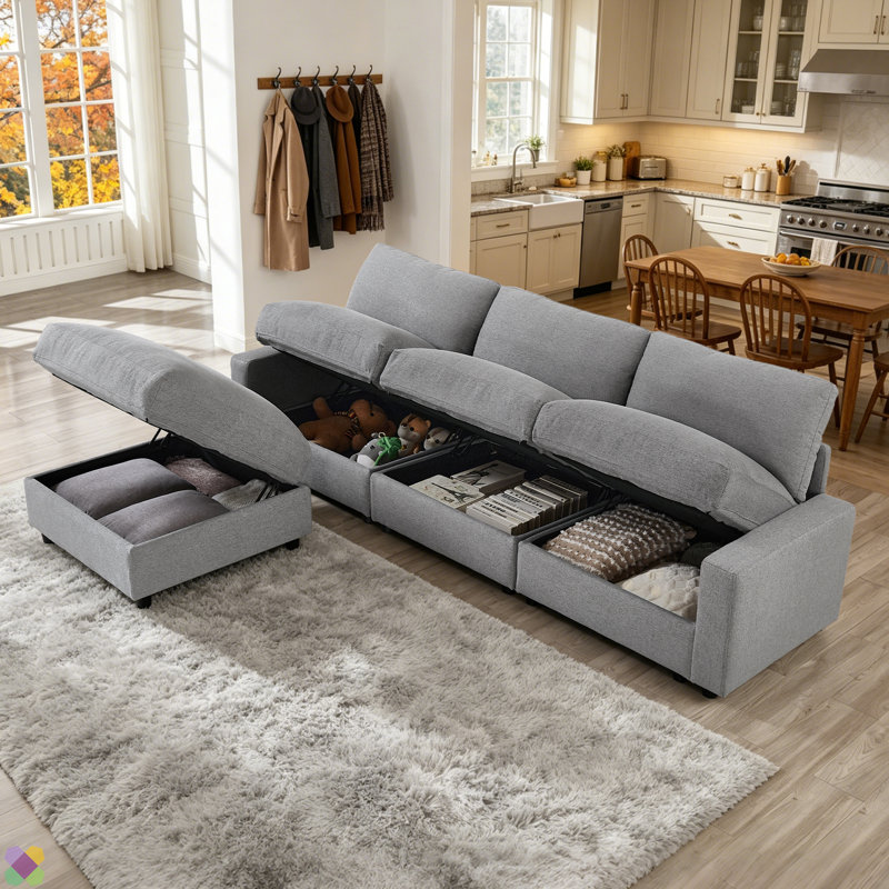 Canapé modulaire l 104,00 po avec rangement sous chaque siège, canapé en tissu en forme de L avec repose-pieds mobile et 2 coussins décoratifs pour le salon