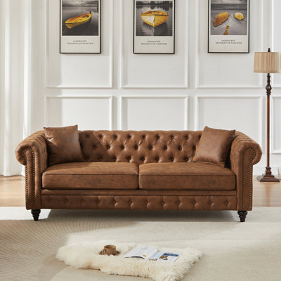 85.5"Living Room with Tech Fabric Chesterfield Sofa with Rolled Arms 3 Seater Sofa with Button Design and 2 Cushions for Apartment, Office, Living Room