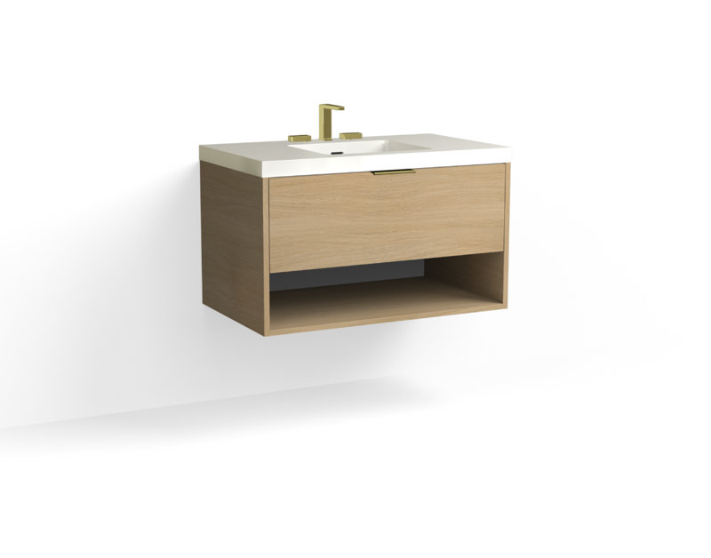 Modo 36" W Wall Mounted Single Bathroom Vanity, Glossy White/Single, Nocino, Polished Nickel