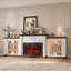 Meuble télé de style ferme avec foyer intégré de 264 cm, centre de divertissement avec éclairage DEL, prises électriques et rangements, grande console multimédia avec foyer électrique de 76 cm et portes à volutes rétro, blanc et brun