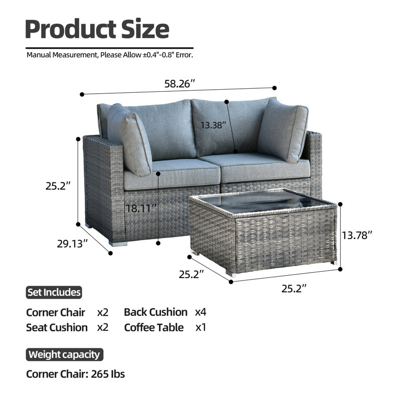 2-person Outdoor Sectional With Cushions,all-weather Wicker Patio Set, Dark Gray