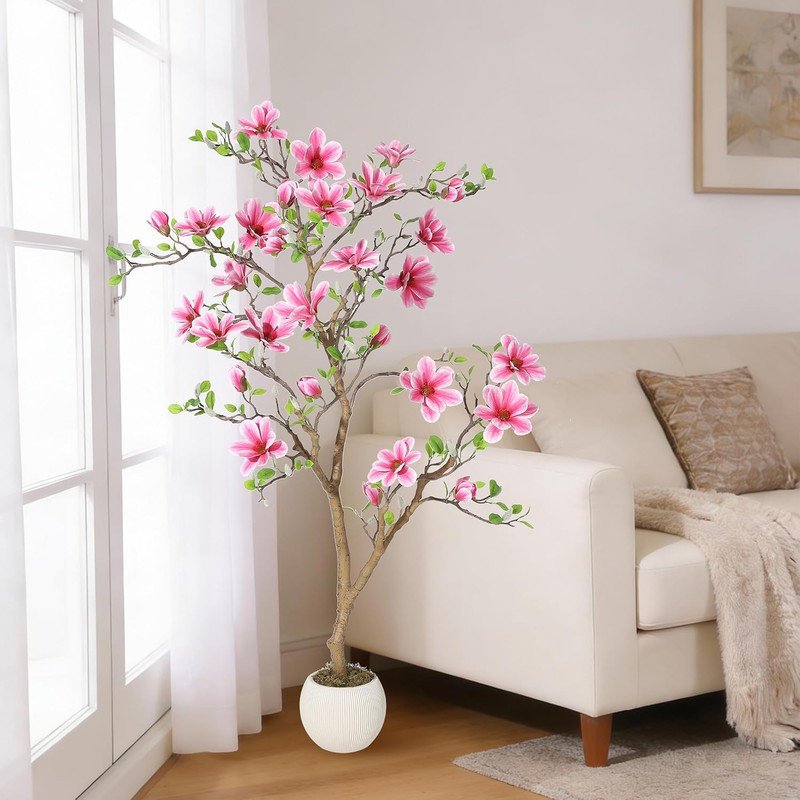 5FTA Arbre de magnolia artificiel avec de vraies feuilles de contact et des fleurs en soie pour l'extérieur, 60 po x 35,4 po