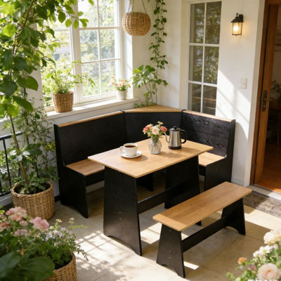 3-piece L-shaped Breakfast Nook Dining Set With Hidden Storage, Modern Wood Corner Dining Table And Bench Set For Small Spaces & Kitchen, Natural And White
