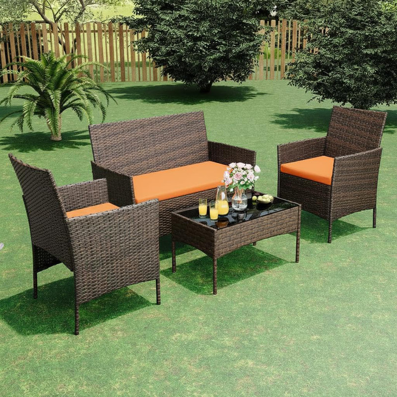 Ensemble bistro 4 pièces toutes saisons - meubles de conversation en rotin dégradé brun, table basse en verre, coussins lavables orange, coussin orange