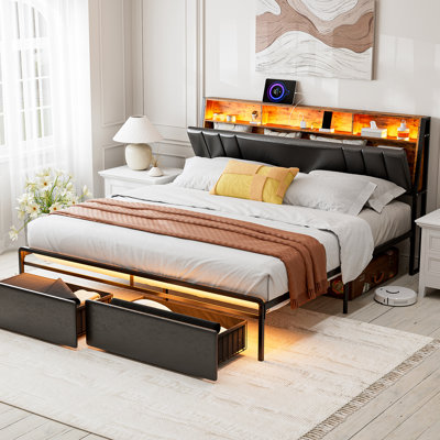 Orren Ellis Bed Frames With Dustproof Storage Drawer, Ergonomic Hidden Storage Headboard With Charging Station, Upholstered Faux Leather Led Platform Bed, No Box Spring Needed, Easy Assembly, Black