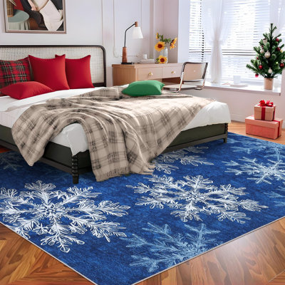 9x12ft  Christmas Snowflakes Printed Area Rug Washable Non Slip,Soft Indoor Carpets,Low Pile Xmas Decoration Rugs