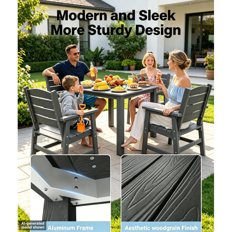 Ensemble de salle à manger d'extérieur pour 8 personnes, résistant aux intempéries, avec tables de patio modernes antirouille, structure en aluminium et trous pour parasol. Parfait pour le jardin, la terrasse, la véranda, le patio ou la piscine. Comprend 4 tables et 8 chaises. Couleur : gris foncé.