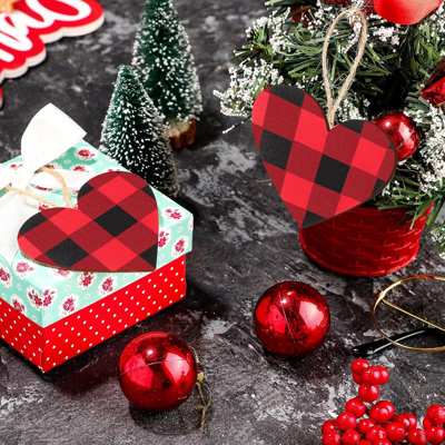 12 Pcs Valentine Red Buffalo Plaid Heart Ornament