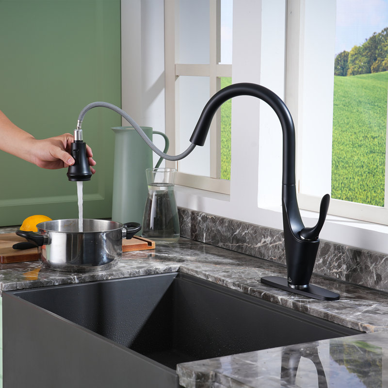 CASAINC 1.8 GPM Pull Down Kitchen Faucet with Deck Plate, Matte Black