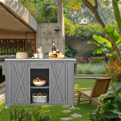 Solid Fir Wood Outdoor Kitchen Islands With Stainless Steel Dopr Leaf, Outdoor Grill Table With Lockable Wheels,Patio Rolling Bar Cart