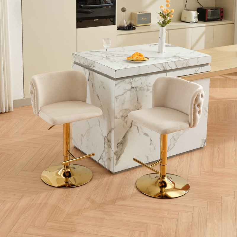 Tabourets de bar pivotants à hauteur réglable avec base plaquée or, Beige, Doré