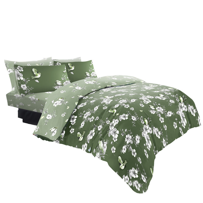 Birdie Blossom Duvet Cover and Pillowcases Set, Polycotton, Machine Washable, Soft Yarn Bedding, Single, Green